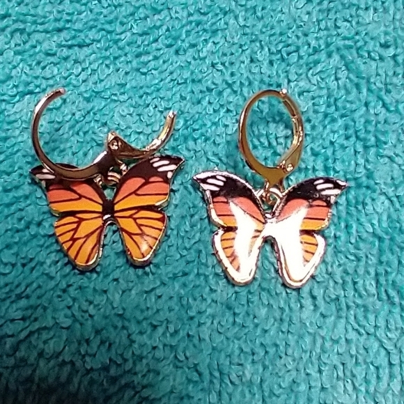 Goldtone black orange yellow butterfly pierced dangle wire earrings - Picture 3 of 3